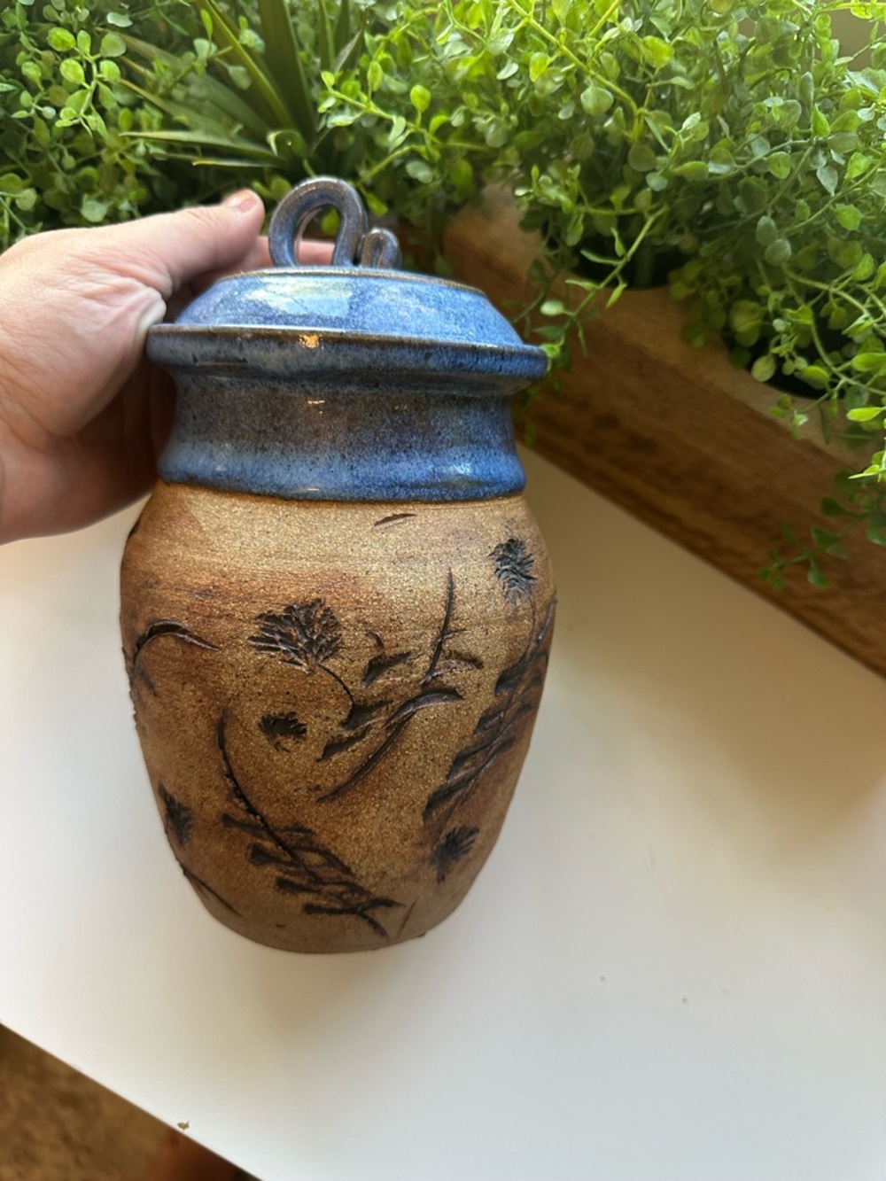 Ringquist Studio Art Pottery Handmade Ceramic Floral Jar Blue Lid Floral